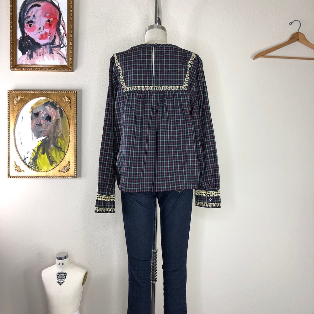 J Crew Embroidered Peasant Top Plaid Gold Filigree - Picture 5 of 8